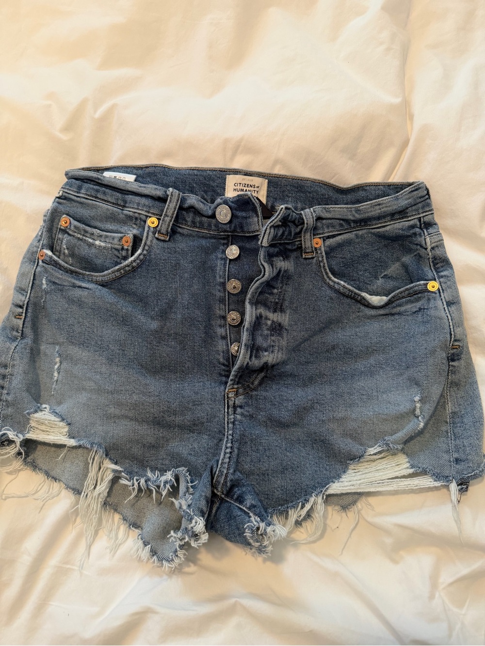 Citizens Of Humanity Washed Blue Distressed Button-Fly Jean Shorts